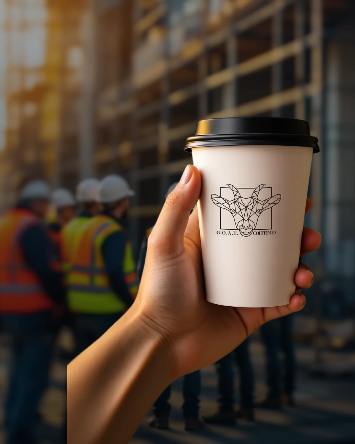 A hand holding a G.O.A.T. Coffee Co. cup in front of a blurred crew in hi-vis vests and hard hats on a job site